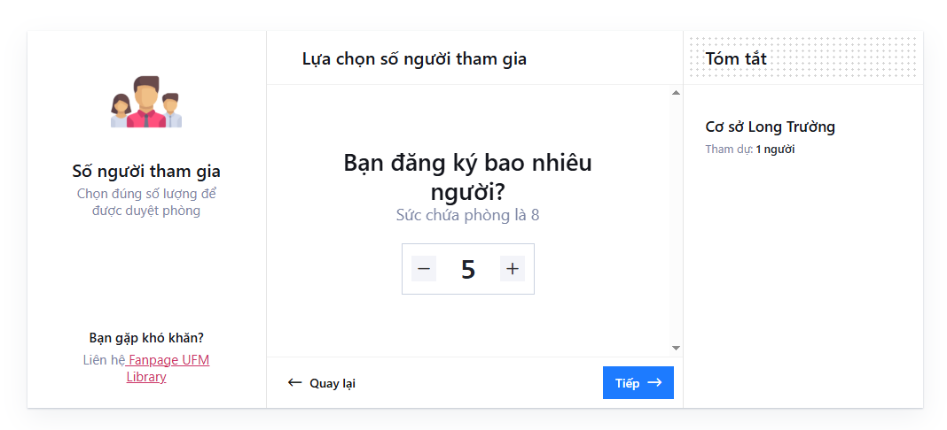 Màn hình chọn số người tham gia phòng học nhóm