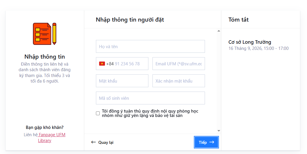 Biểu mẫu nhập thông tin người đăng ký phòng học nhóm