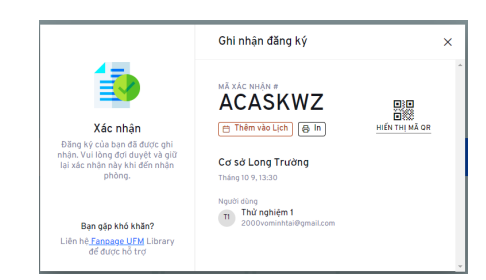 Màn hình xác nhận và mã xác nhận đăng ký phòng học nhóm